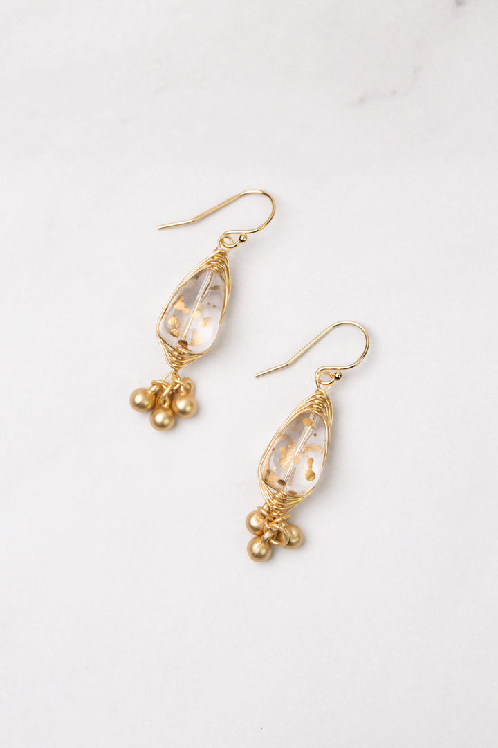 Silver & Gold Czech Glass With Matte Gold Plated Brass Dangles Herringbone Earrings