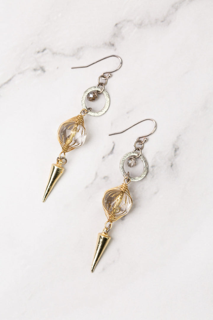 Silver & Gold Brushed Gold Plated Brass Spike Dangle With Czech Glass Hoop Earrings