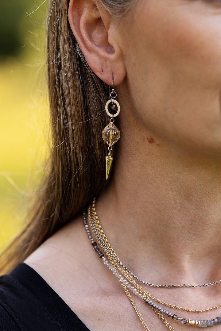 Silver & Gold Brushed Gold Plated Brass Spike Dangle With Czech Glass Hoop Earrings