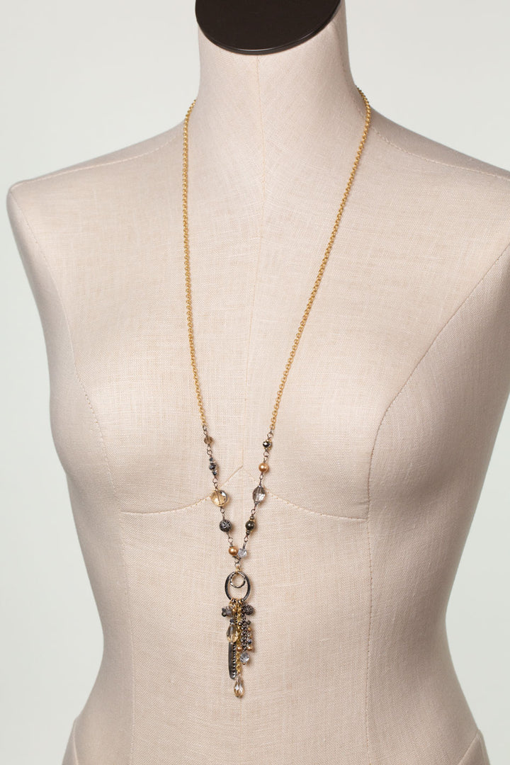Silver & Gold 31-33" Pearl, Crystal, Pyrite With Mixed Metal Tassels Collage Necklace