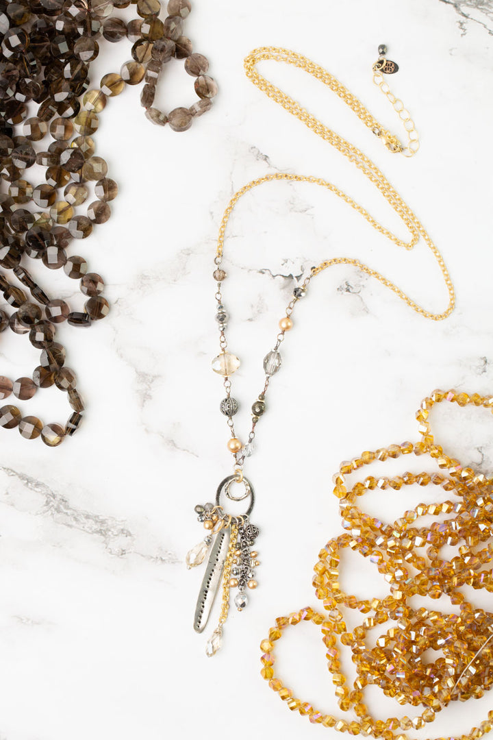 Silver & Gold 31-33" Pearl, Crystal, Pyrite With Mixed Metal Tassels Collage Necklace