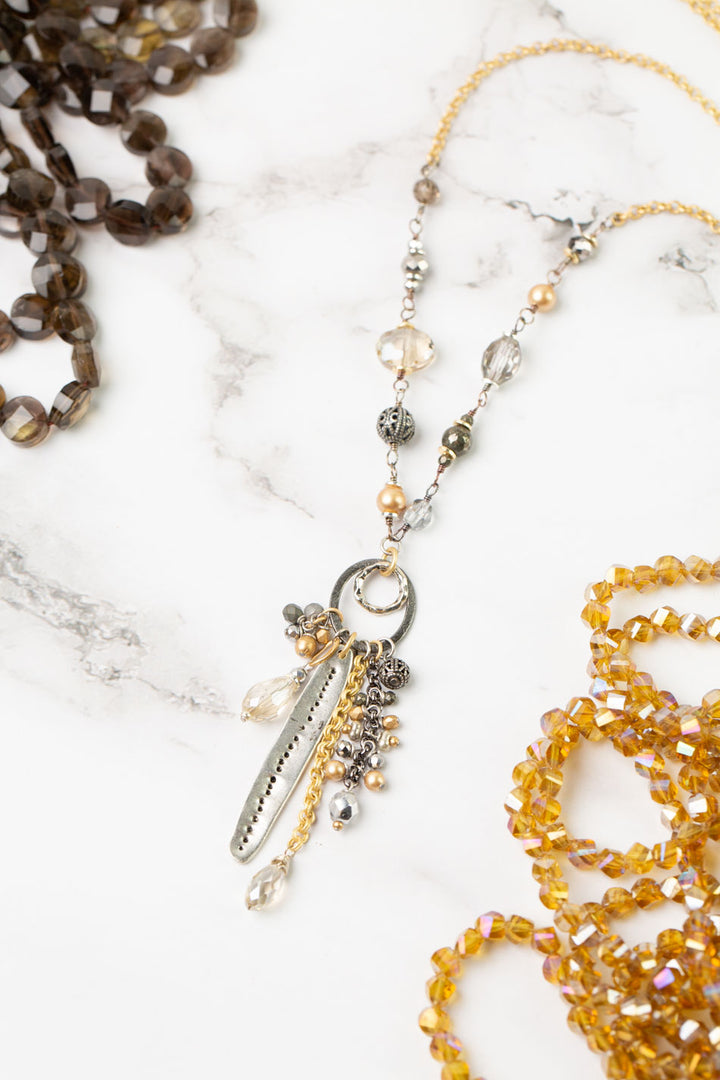 Silver & Gold 31-33" Pearl, Crystal, Pyrite With Mixed Metal Tassels Collage Necklace