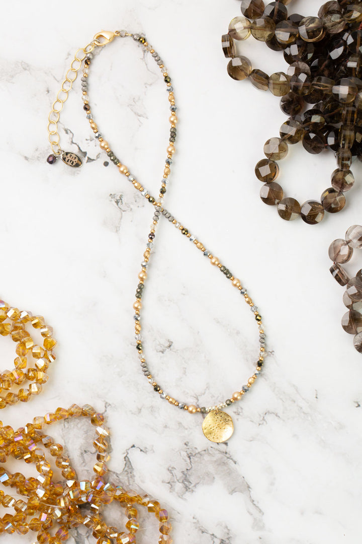 Silver & Gold 16-18" Pearl, Crystal, Pyrite With Brass Shell Circle Simple Necklace