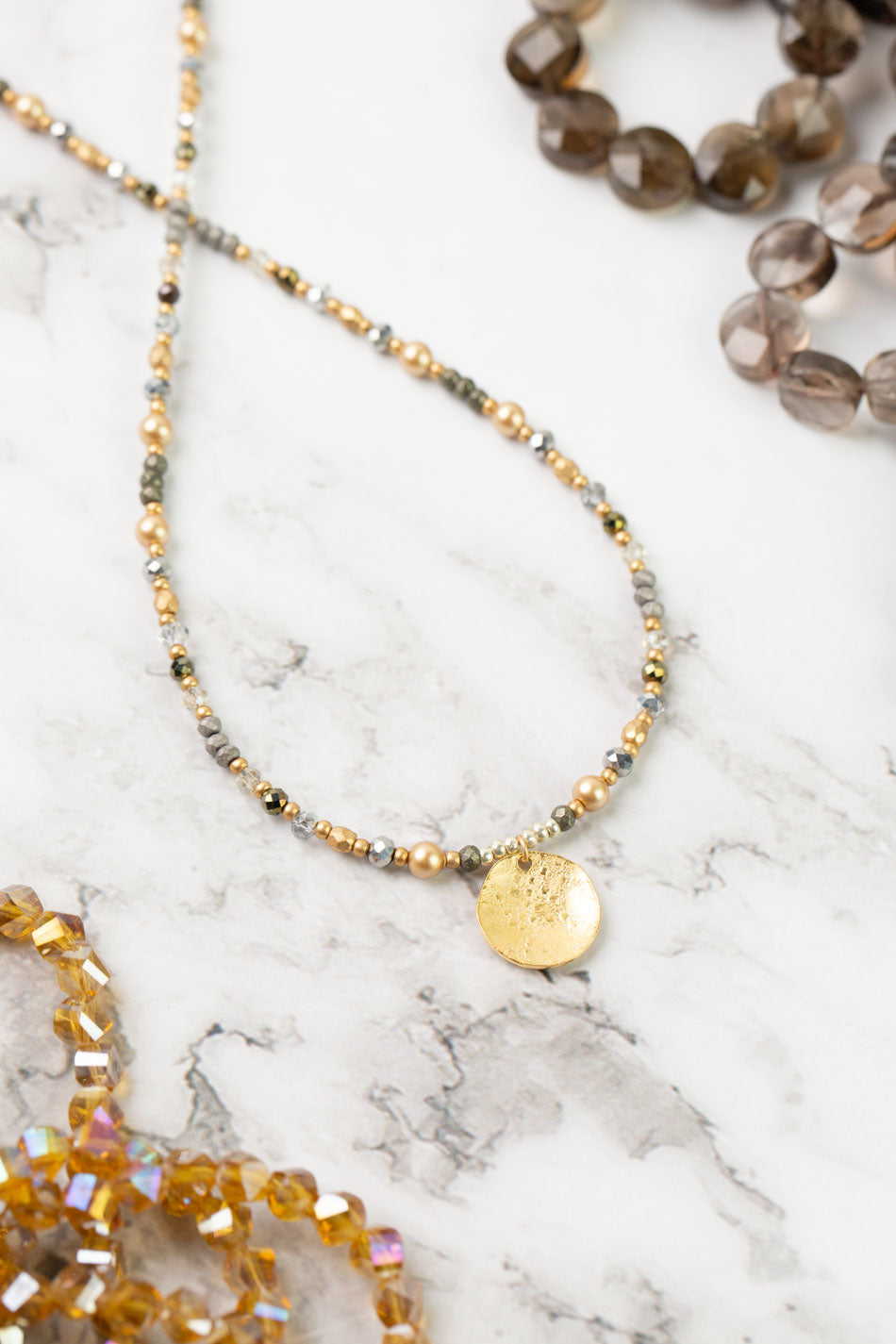 Silver & Gold 16-18" Pearl, Crystal, Pyrite With Brass Shell Circle Simple Necklace