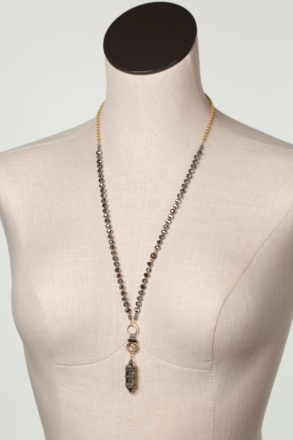 Silver & Gold 26-28" Czech Glass, Crystal With Antique Silver Cylinder Statement Necklace