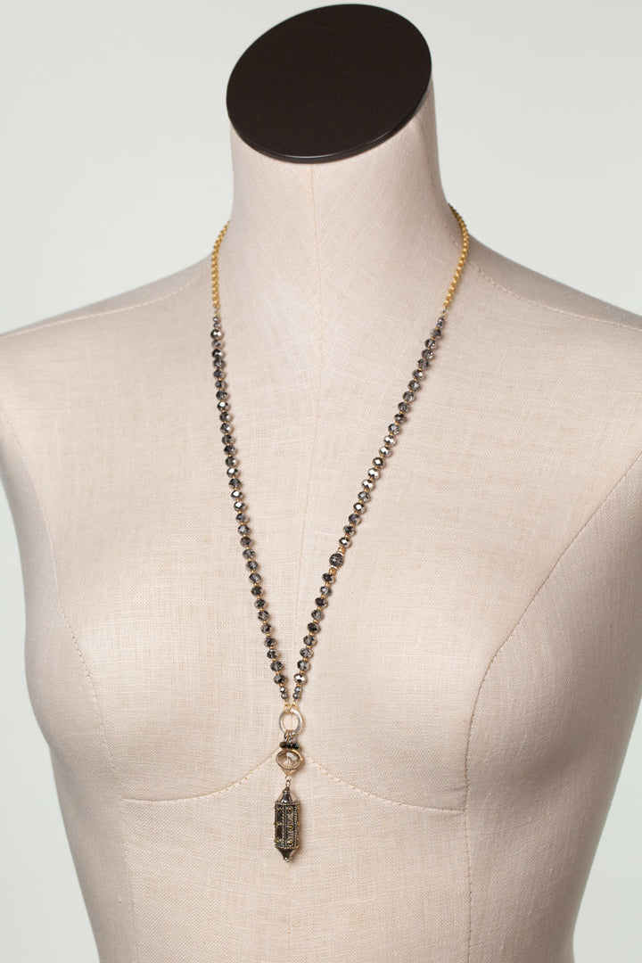 Silver & Gold 26-28" Czech Glass, Crystal With Antique Silver Cylinder Statement Necklace