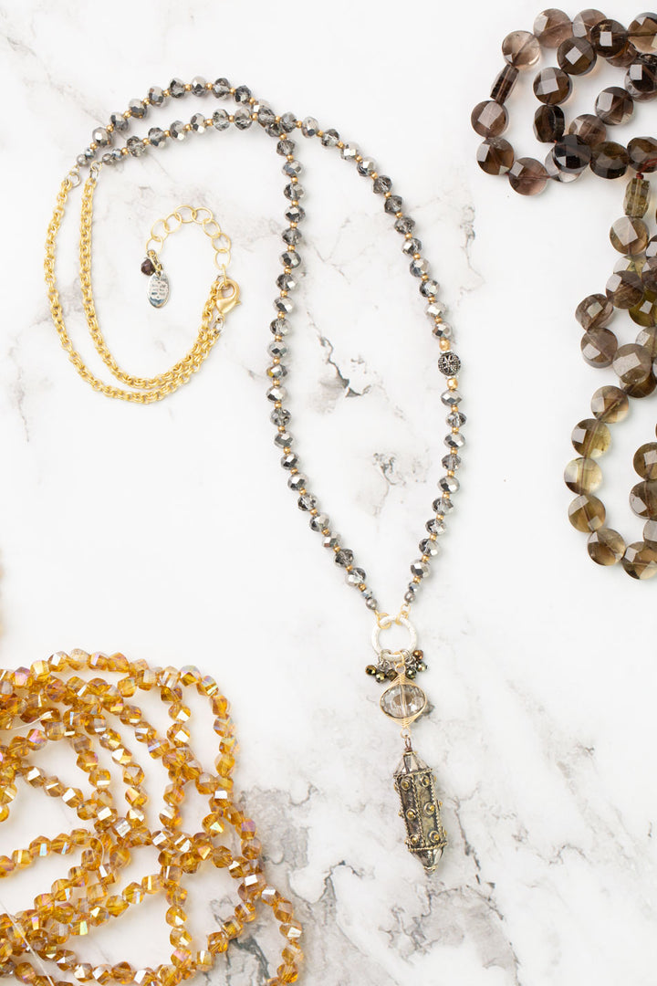 Silver & Gold 26-28" Czech Glass, Crystal With Antique Silver Cylinder Statement Necklace