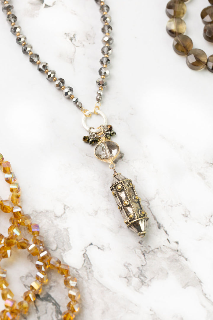 Silver & Gold 26-28" Czech Glass, Crystal With Antique Silver Cylinder Statement Necklace