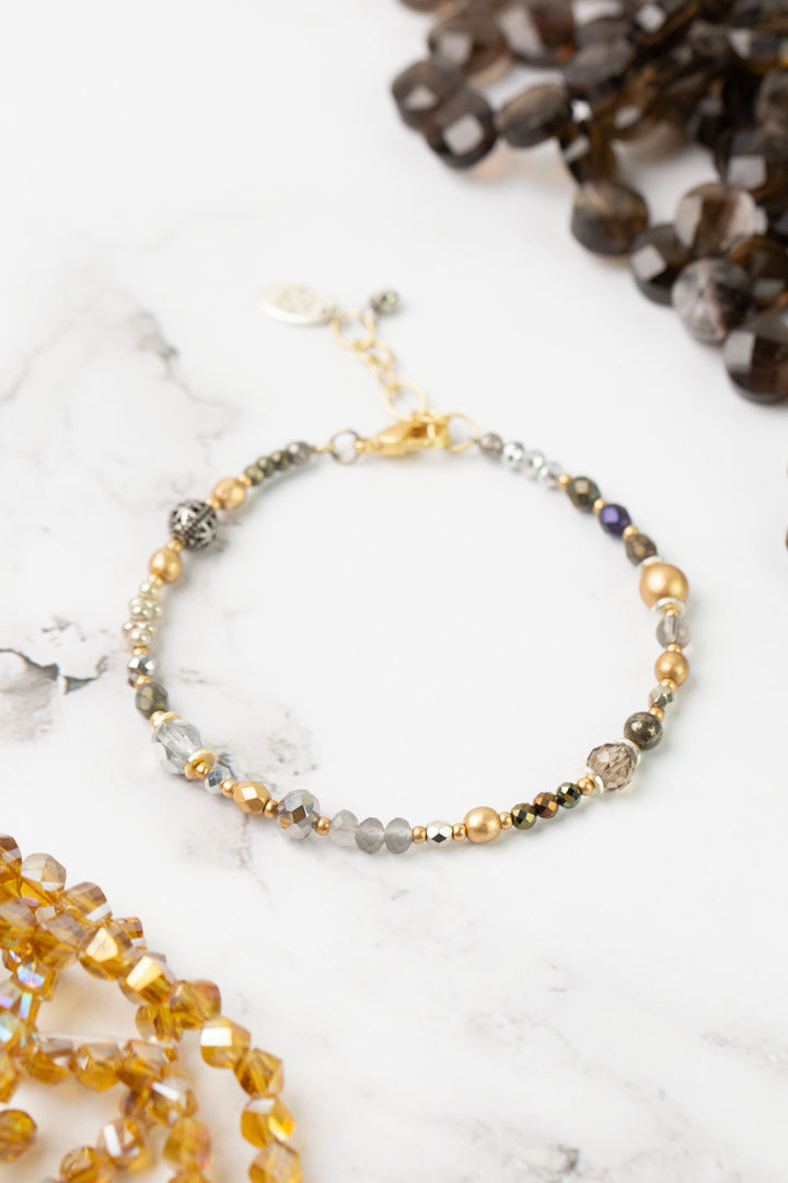 Silver & Gold 7.5-8.5" Czech Glass, Crystal, Pyrite Simple Bracelet