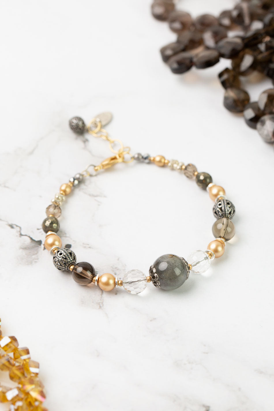 Silver & Gold 7.5-8.5" Crystal, Labradorite, Pyrite Simple Bracelet