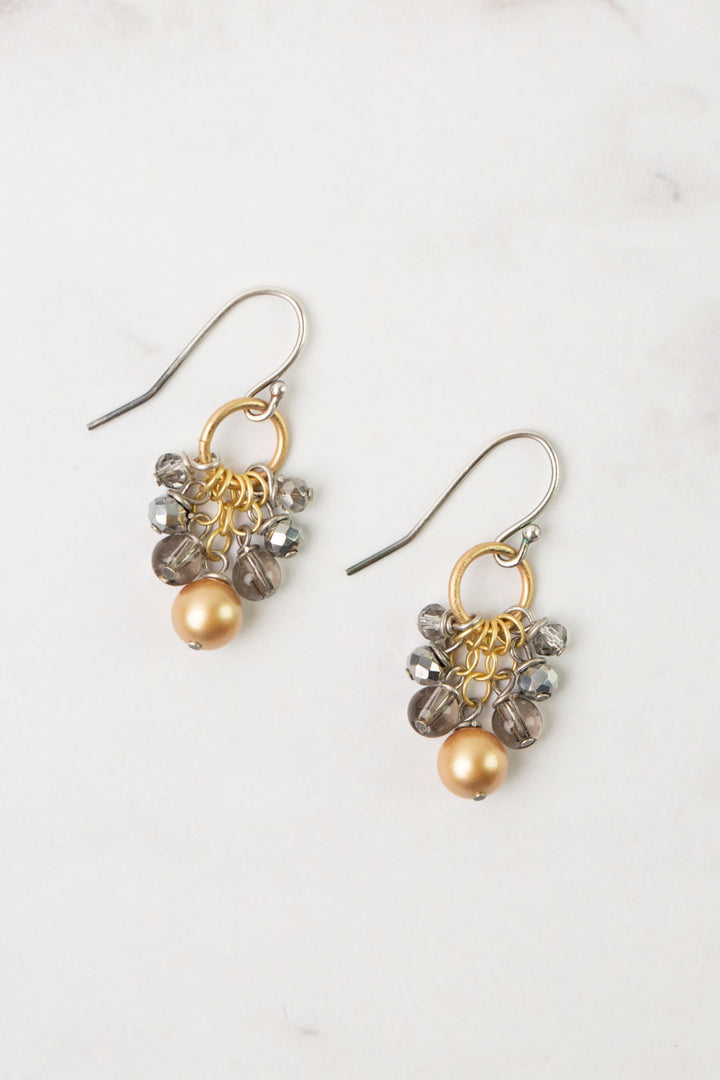 Silver & Gold Smoky Quartz, Pearl, Crystal Dangle Earrings