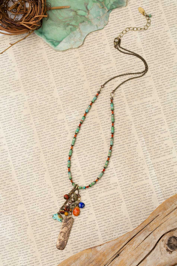 Soulful 20.5-22.5" Fossil, Red Jasper With Natural Orange Turquoise, Lapis Lazuli, Spiny Oyster, Mookaite Jasper Cluster Necklace