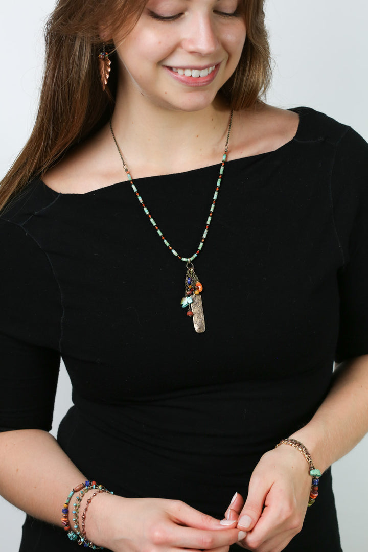 Soulful 20.5-22.5" Fossil, Red Jasper With Natural Orange Turquoise, Lapis Lazuli, Spiny Oyster, Mookaite Jasper Cluster Necklace