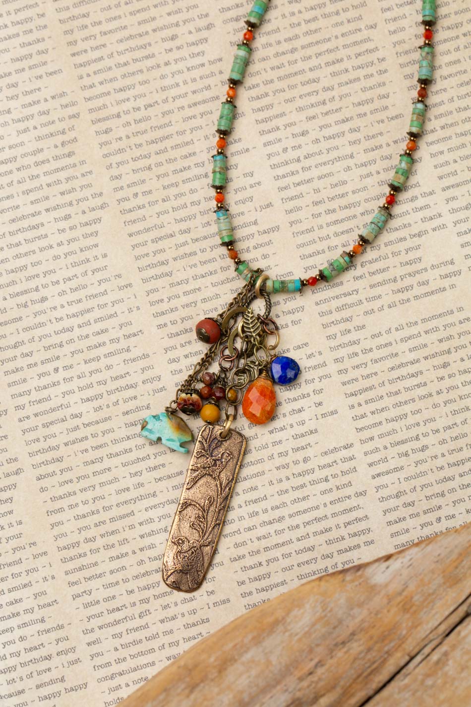 Soulful 20.5-22.5" Fossil, Red Jasper With Natural Orange Turquoise, Lapis Lazuli, Spiny Oyster, Mookaite Jasper Cluster Necklace