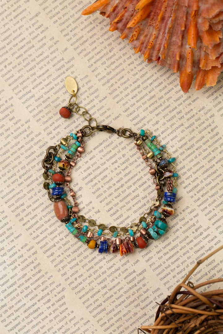 Soulful 7.5-8.5" Turquoise, Spiny Oyster, Lapis Lazuli Multistrand Bracelet