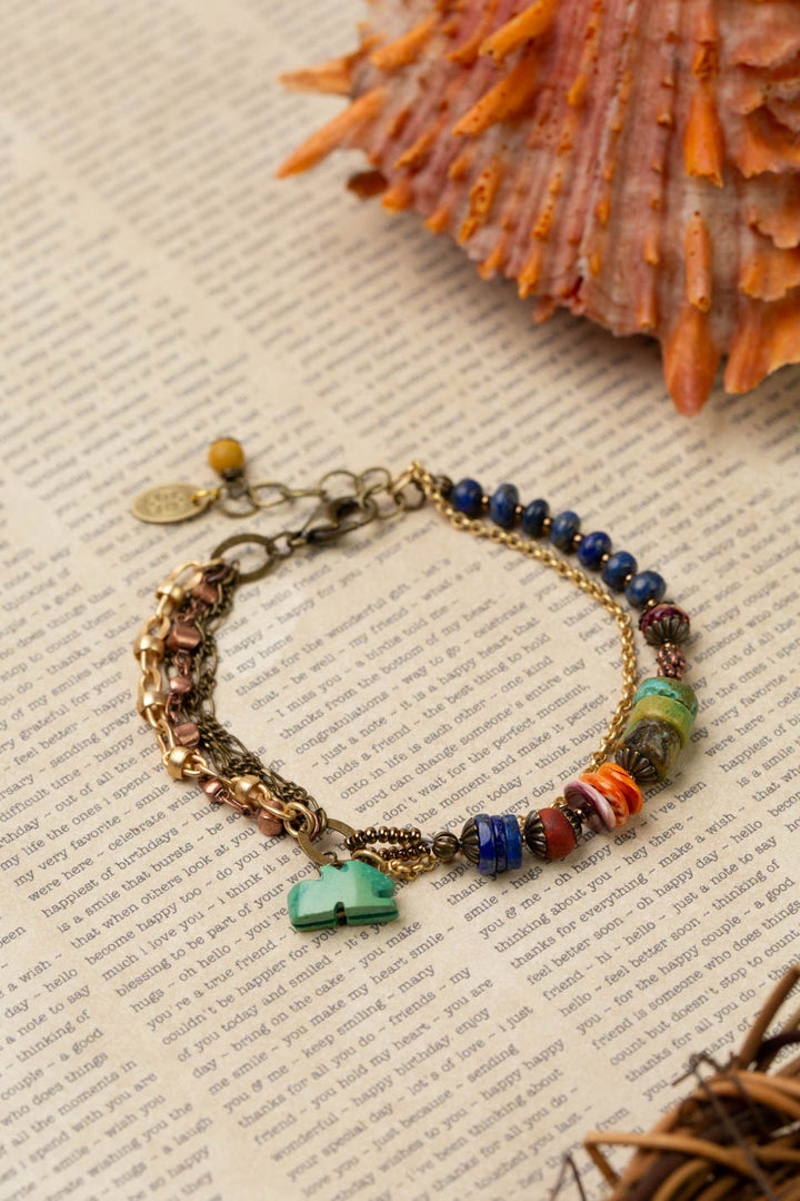 Soulful 7.25-8.25" Turquoise, Spiny Oyster, Lapis Lazuli With Antique Copper Plated Brass Chain Multistrand Bracelet