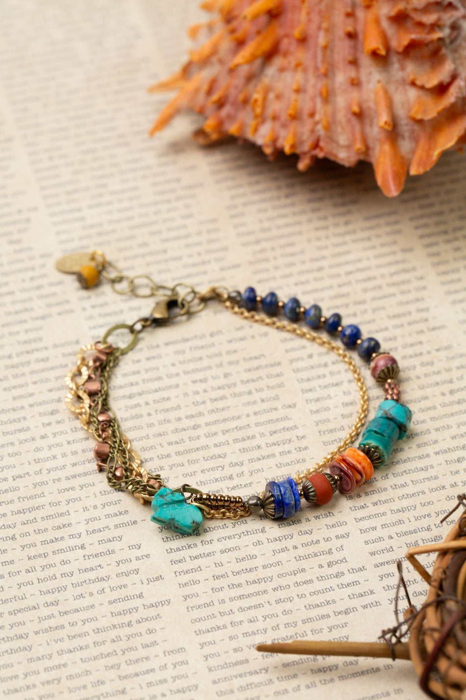 Soulful 7.5-8.5" Turquoise, Spiny Oyster, Lapis Lazuli With Antique Copper Plated Brass Chain Multistrand Bracelet