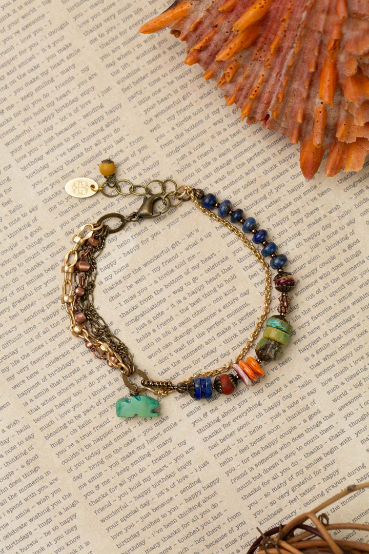 Soulful 7.25-8.25" Turquoise, Spiny Oyster, Lapis Lazuli With Antique Copper Plated Brass Chain Multistrand Bracelet