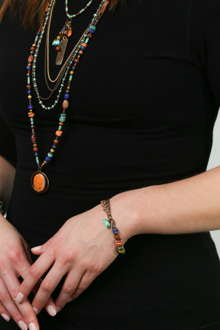 Soulful 7.25-8.25" Turquoise, Spiny Oyster, Lapis Lazuli With Antique Copper Plated Brass Chain Multistrand Bracelet