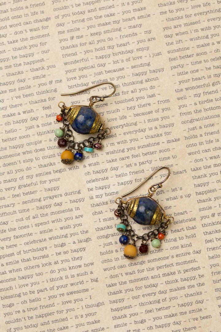 Soulful Antique Lapis Lazuli, Mookaite Jasper, Turquoise, Orange Fossil, And Czech Glass Cluster Earrings