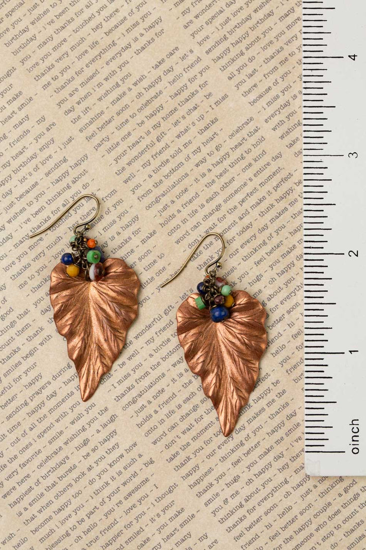 Soulful Antique Copper Leaf With Lapis Lazuli, Mookite Jasper, Turquoise And Czech Glass Statement Earrings