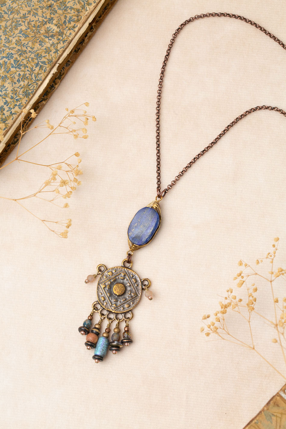 Storyteller 25-27" Czech Glass, Lapis, Wood Statement Necklace
