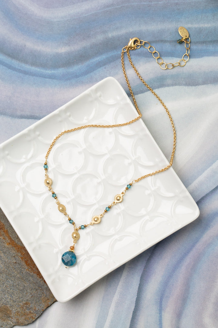 Starry Night 16.5-18.5" Faceted Blue Apatite With Detailed Sun Medallion Simple Necklace