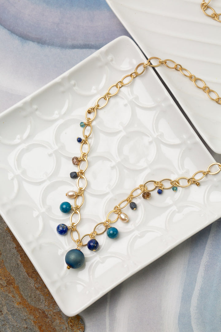 Starry Night 27.5" Lapis Lazuli, Blue Apatite, Fresh Water Pearl with Titanium Plated Round Geode Bead Cluster Necklace