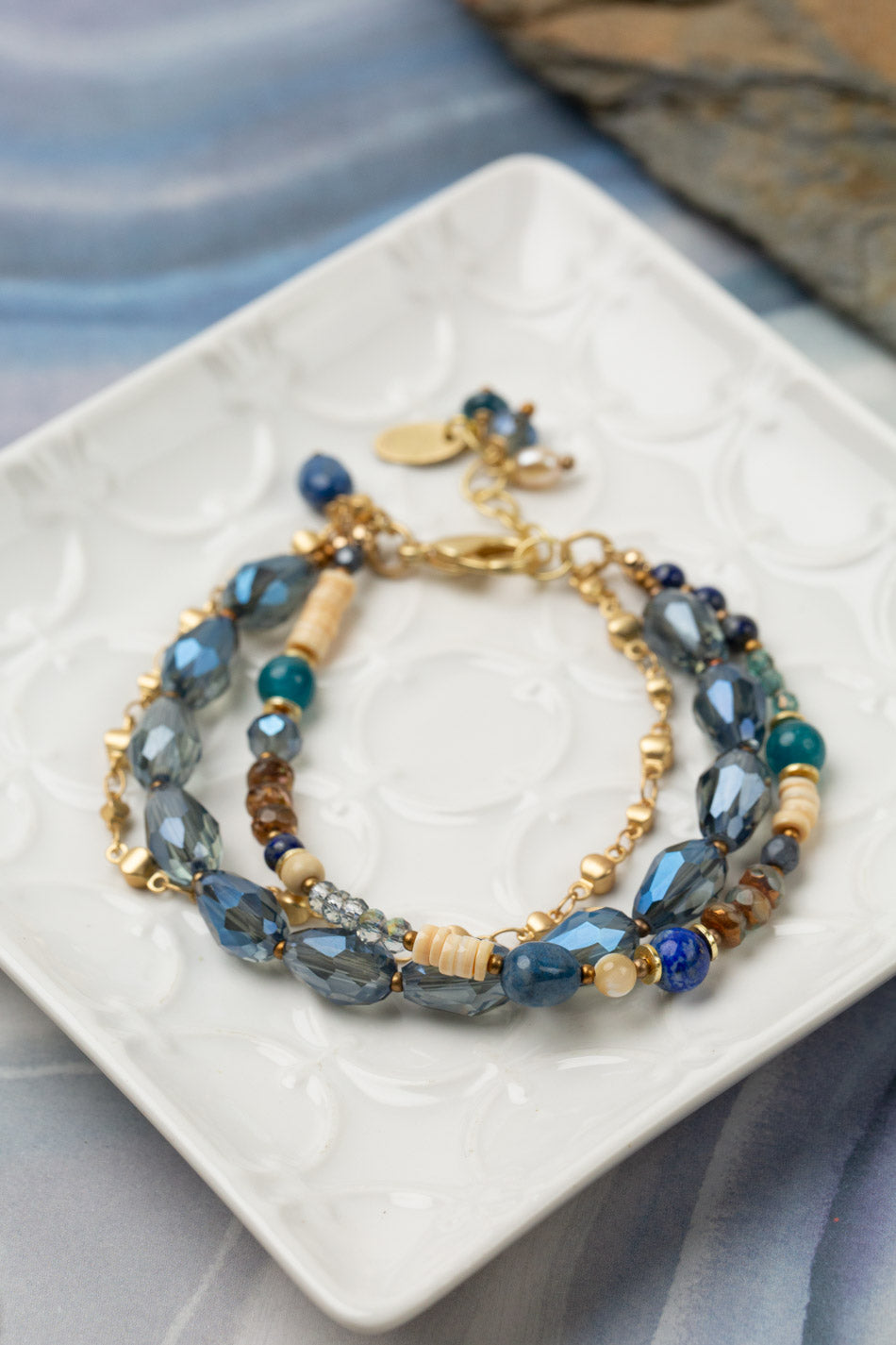 Starry Night 7.5-8.5" Lapis, Apatite, Mother Of Pearl Multistrand Bracelet