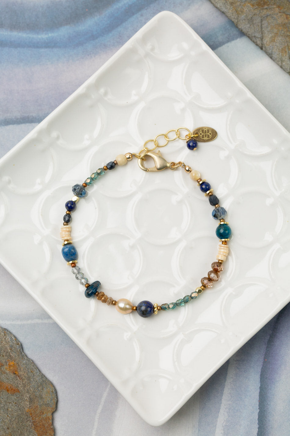 Starry Night 7.5-8.5" Blue Apatite, Mother Of Pearl, Lapis Simple Bracelet