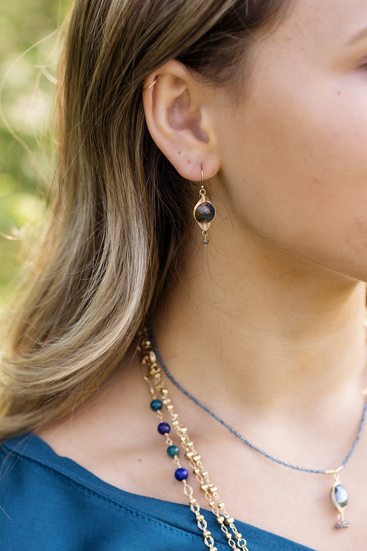 Starry Night Golden Aqua Quartz, Golden Labradorite Herringbone Earrings