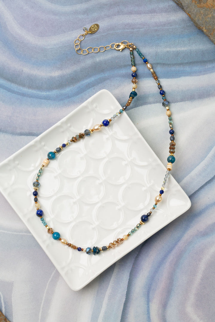 Starry Night 18-20" Lapis Lazuli, Fresh Water Pearl, Czech Glass Collage Necklace