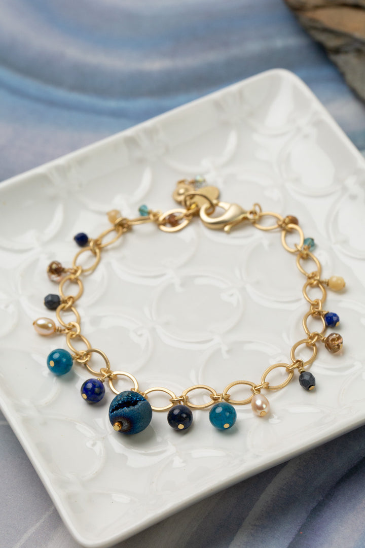 Starry Night 7.5-8.5" Lapis Lazuli, Blue Apatite, Freshwater Pearl Simple Bracelet