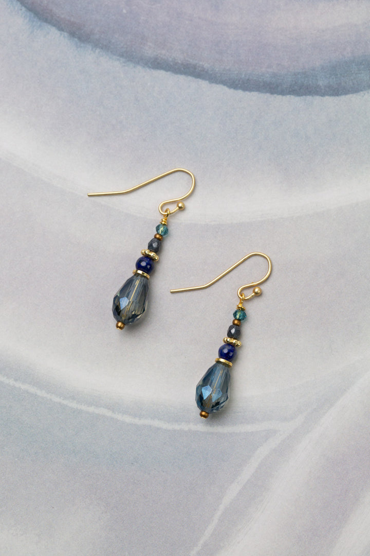 Starry Night Lapis Lazuli, Czech Glass With Blue Faceted Crystal Drop Simple Earrings