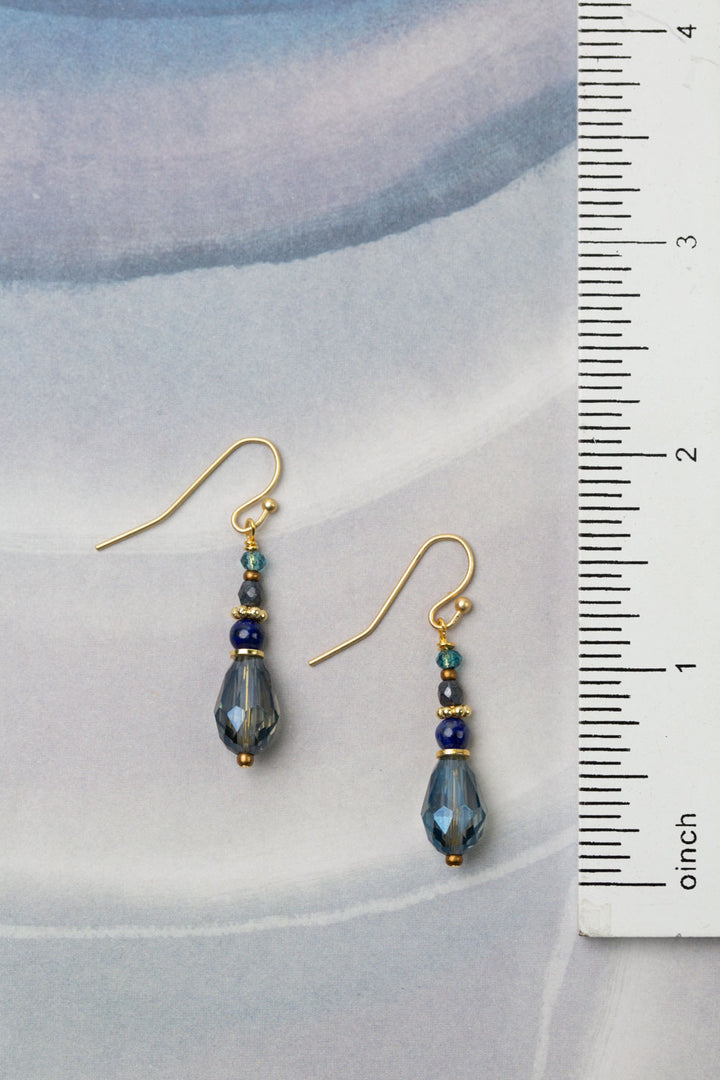 Starry Night Lapis Lazuli, Czech Glass With Blue Faceted Crystal Drop Simple Earrings