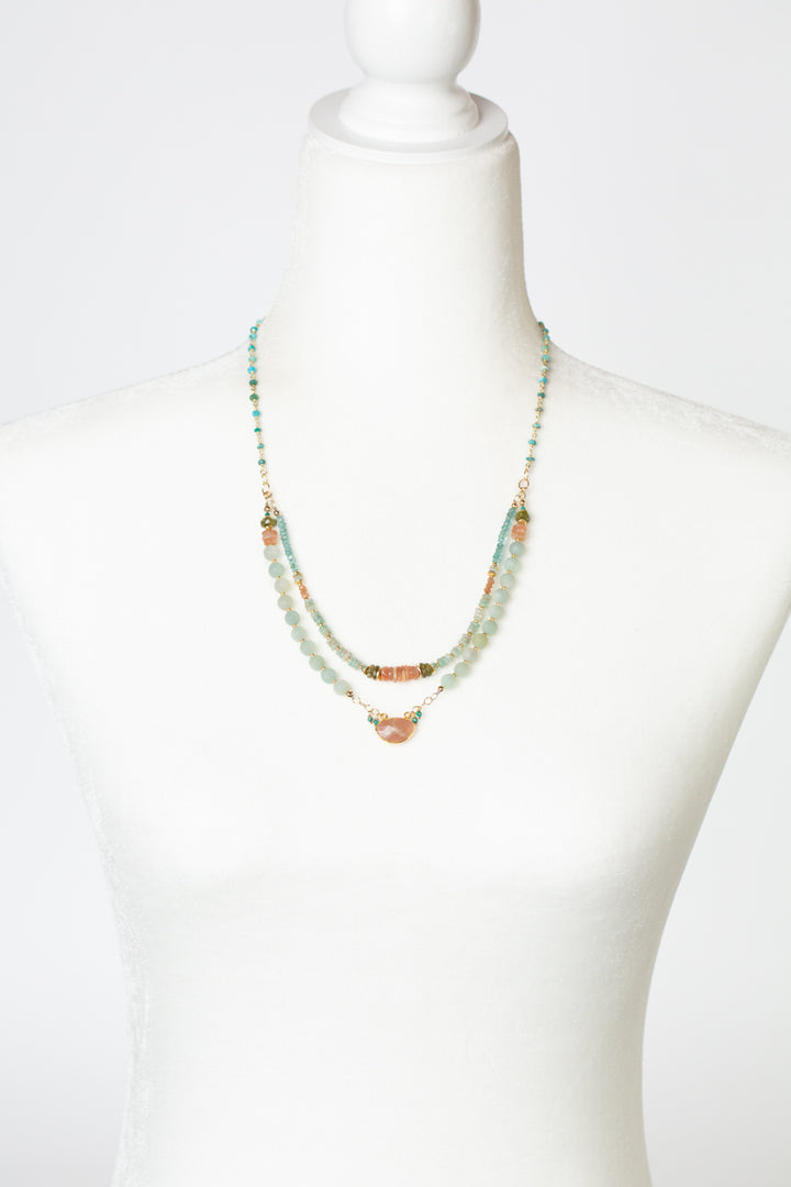 Surrender 21-23" Chrysocolla, Turquoise With Peach Moonstone Multistrand Necklace