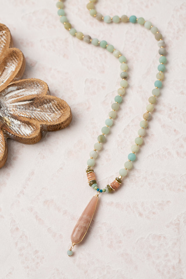 Surrender 26.5-28.5" Chrysocolla, Olive Jade With Peach Moonstone Statement Necklace