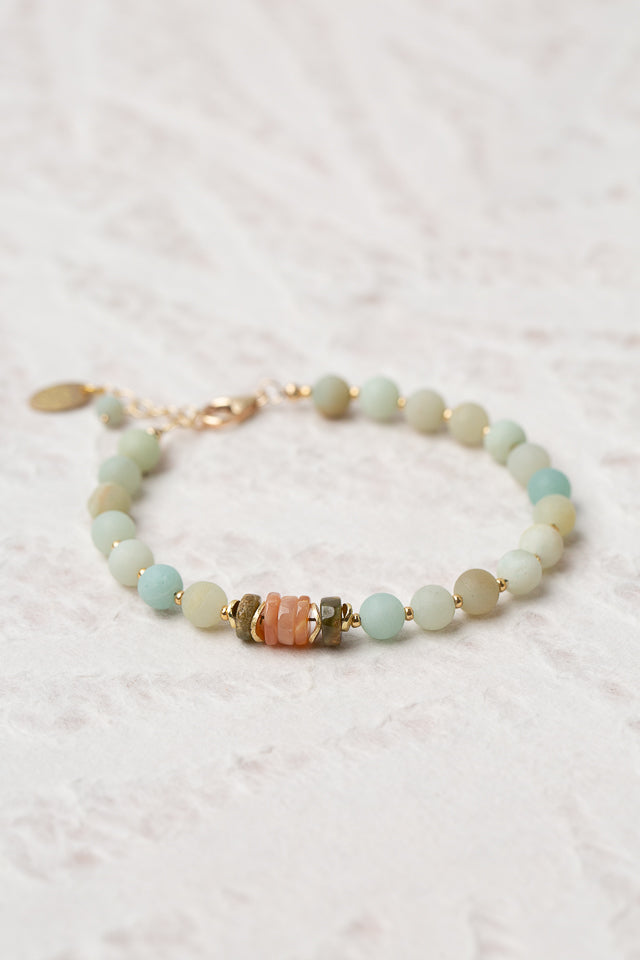 Surrender 7.5-8.5" Olive Jade And Peach Moonstone Simple Bracelet