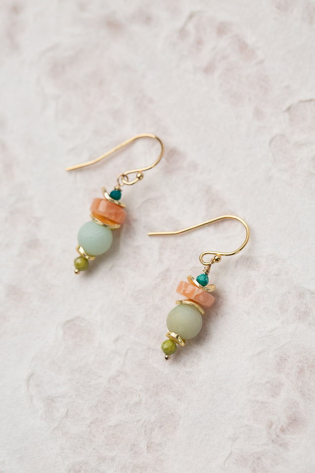 Surrender Peach Moonstone And Olive Jade Simple Earrings