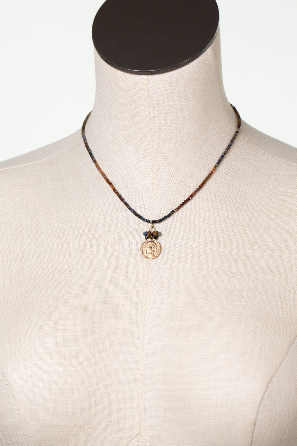 Sacred Heart 15-17" Pietersite With Antique Brass Pendant Simple Necklace