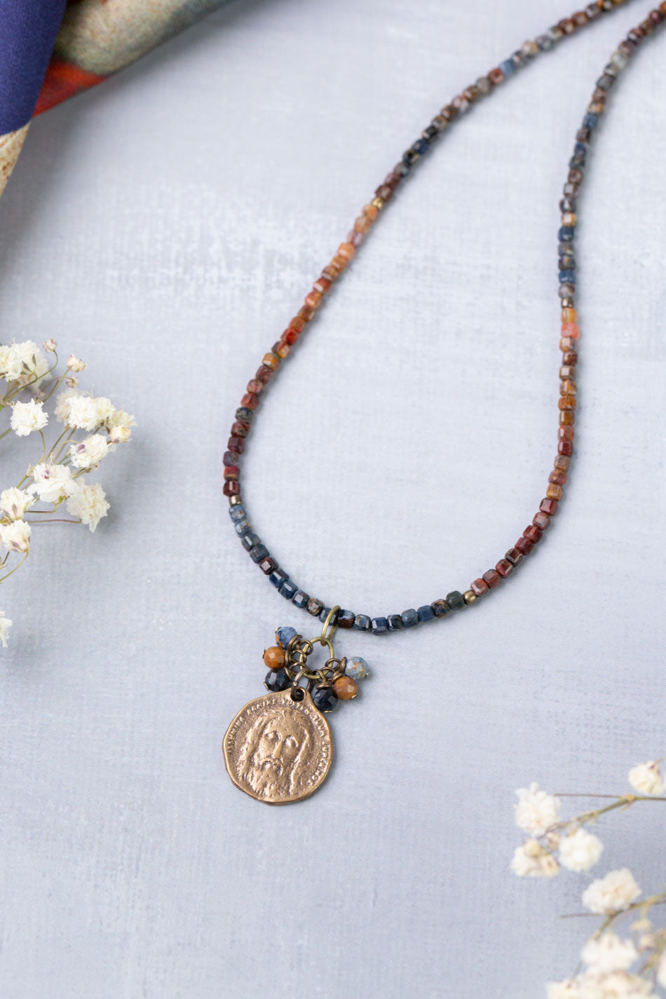 Sacred Heart 15-17" Pietersite With Antique Brass Pendant Simple Necklace
