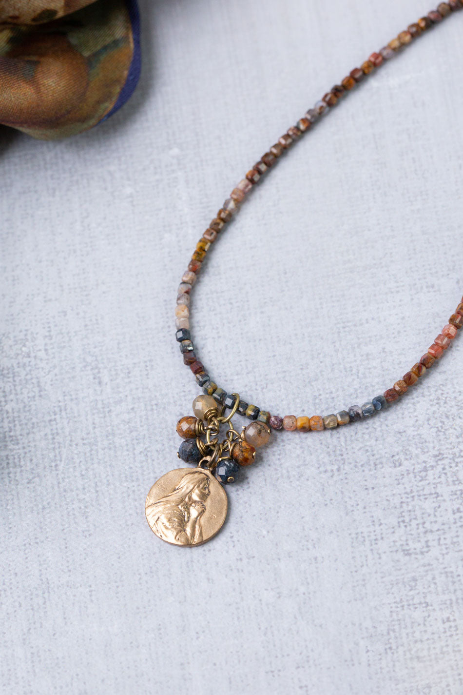Sacred Heart 15-17" Pietersite With Antique Brass Pendant Simple Necklace