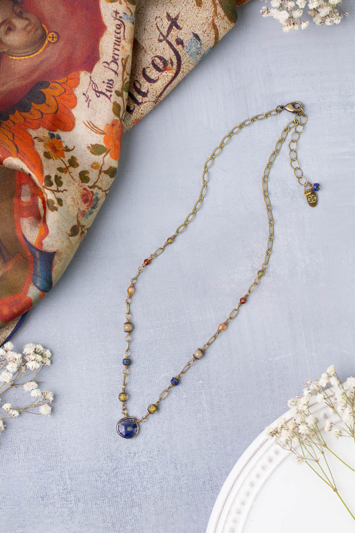 Sacred Heart 16.25-18.25" Czech Glass With Lapis Teardrop Bezel Simple Necklace