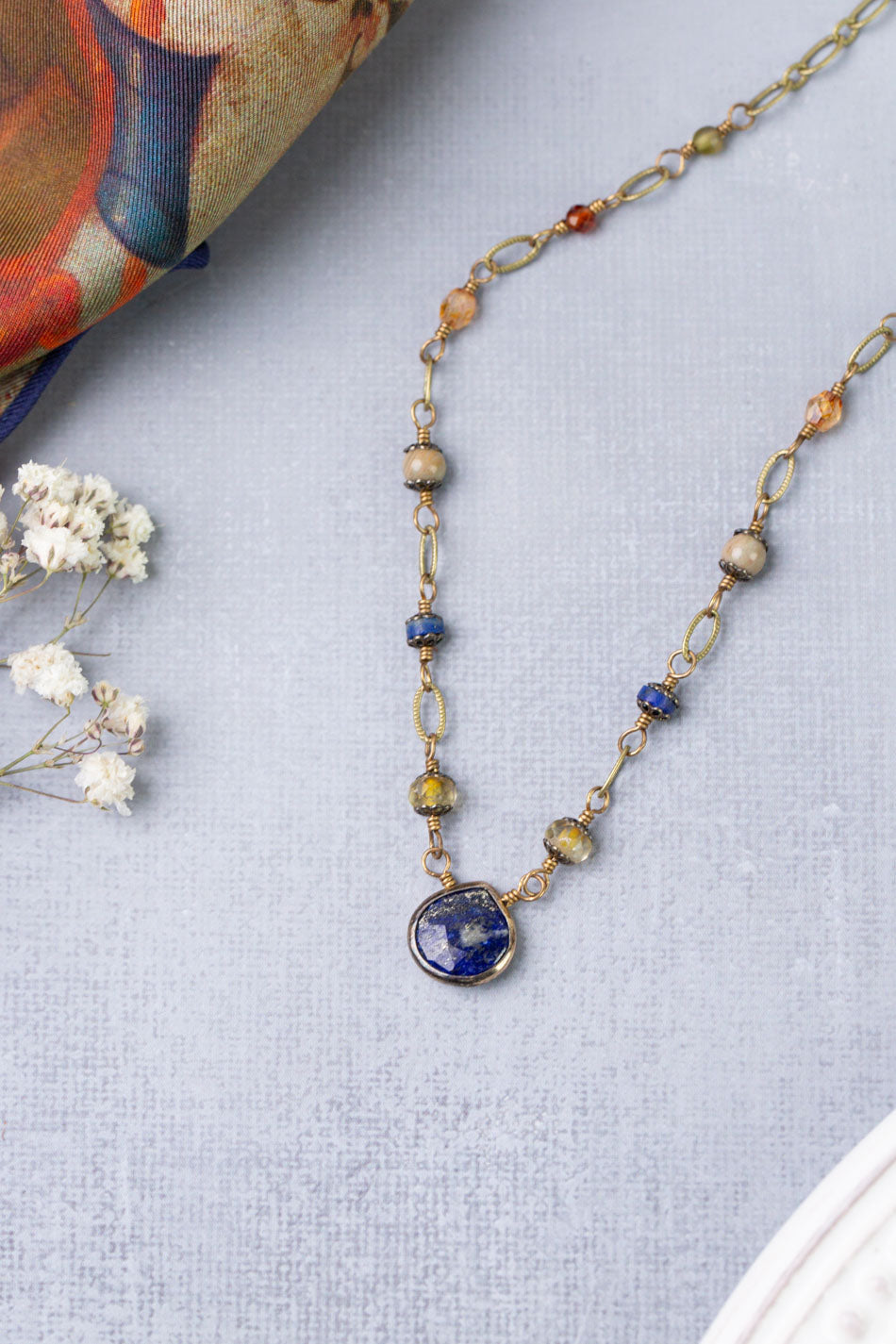 Sacred Heart 16.25-18.25" Czech Glass With Lapis Teardrop Bezel Simple Necklace