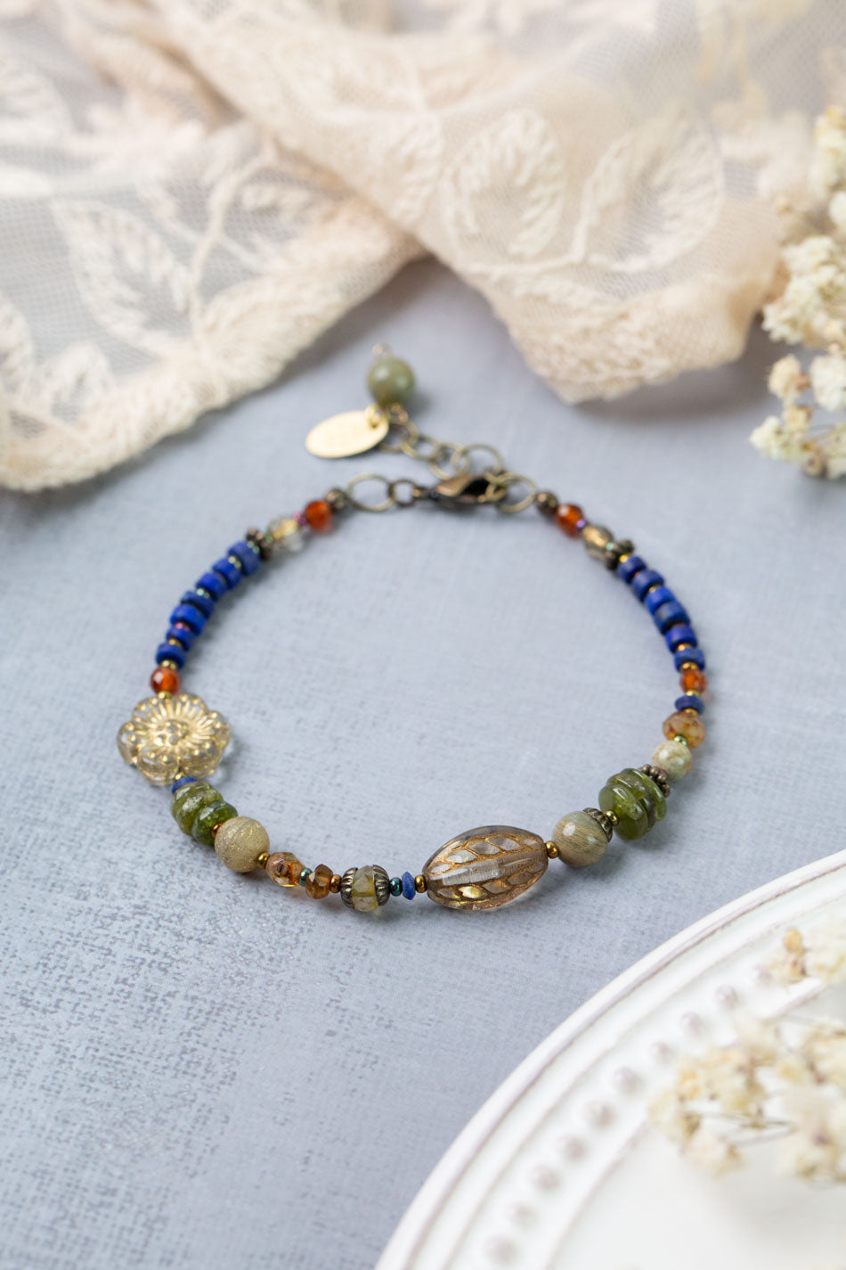 Sacred Heart 7.75-8.75" Czech Glass, Lapis Simple Bracelet