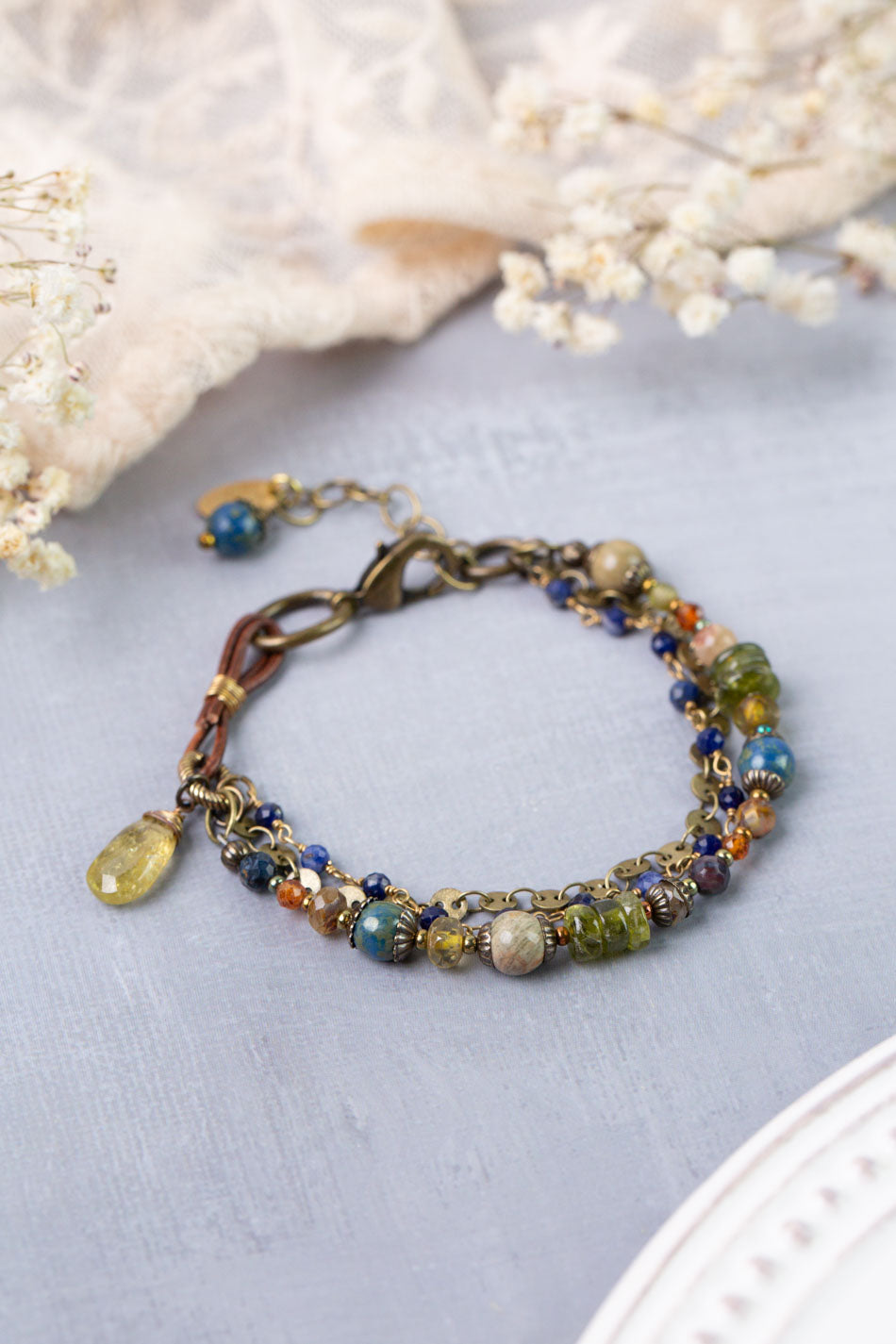 Sacred Heart 7.5-8.5" Lapis, Czech Glass, Hessonite Garnet Multistrand Bracelet