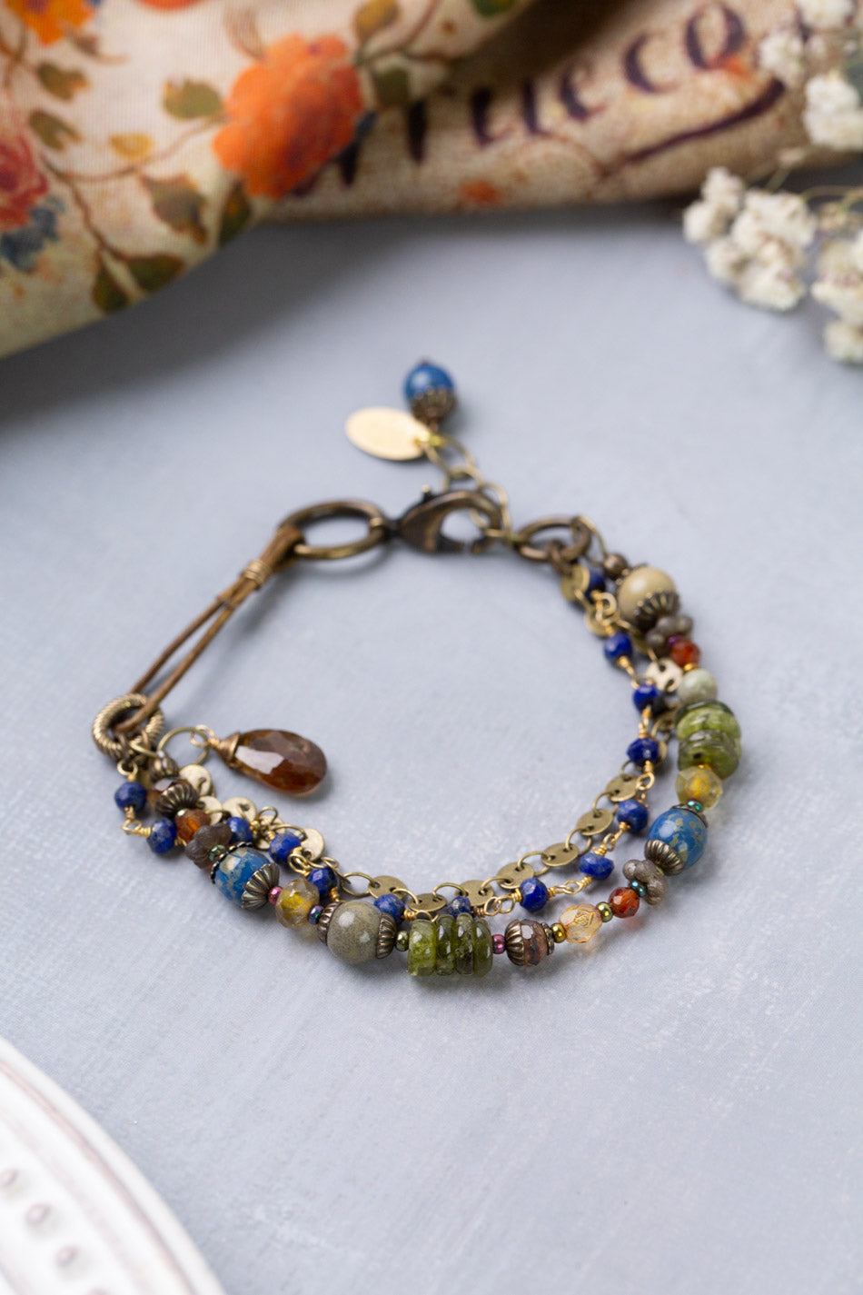 Sacred Heart 7.5-8.5" Lapis, Czech Glass, Hessonite Garnet Multistrand Bracelet