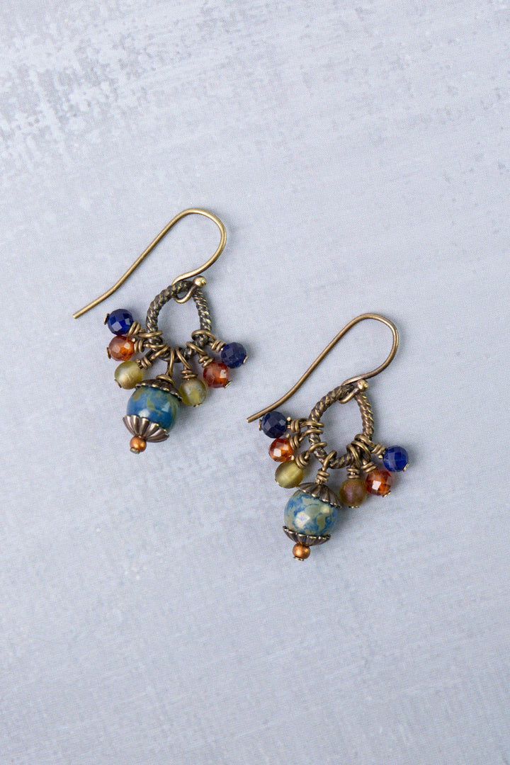 Sacred Heart Czech Glass, Lapis, Carnelian Cluster Earrings