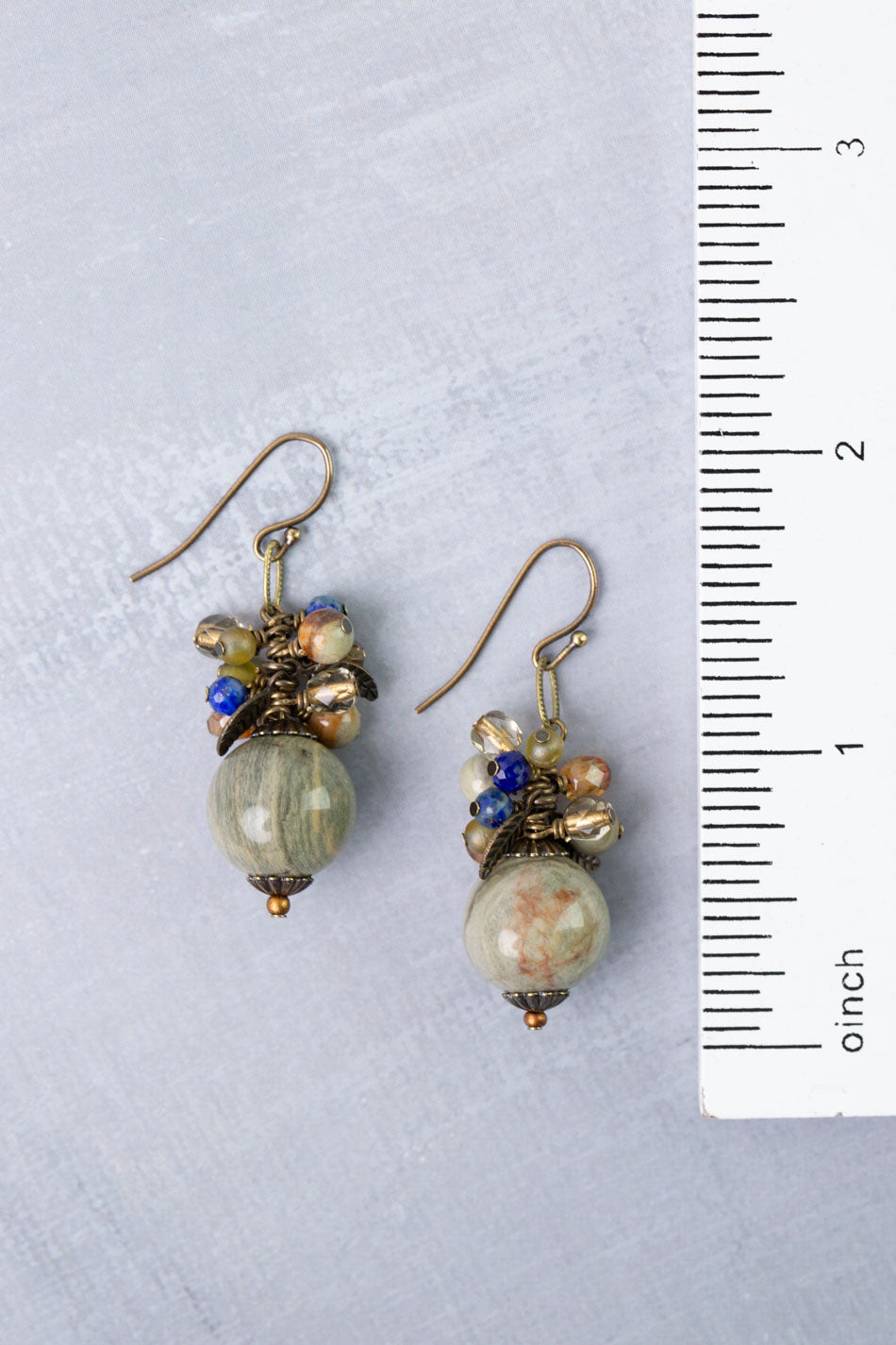 Sacred Heart Czech Glass, Lapis, Jasper Cluster Earrings