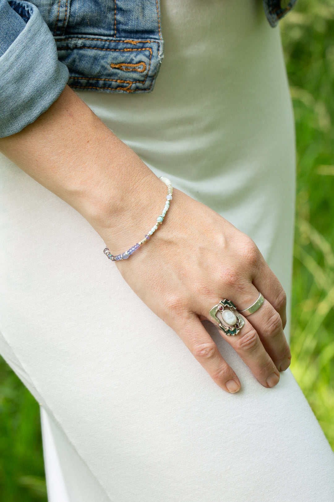 Sanctuary 7.5-8.5" Larimar, Amethyst, Green Cats Eye Simple Bracelet